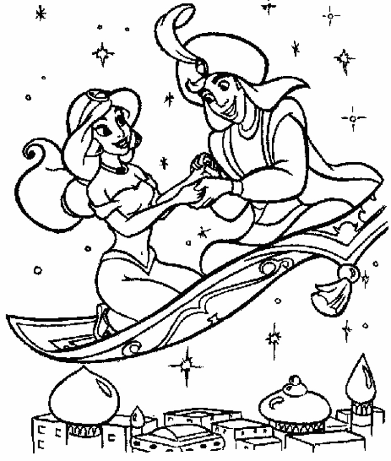 Plansa de colorat cu Jasmine, Aladin si covorul zburator