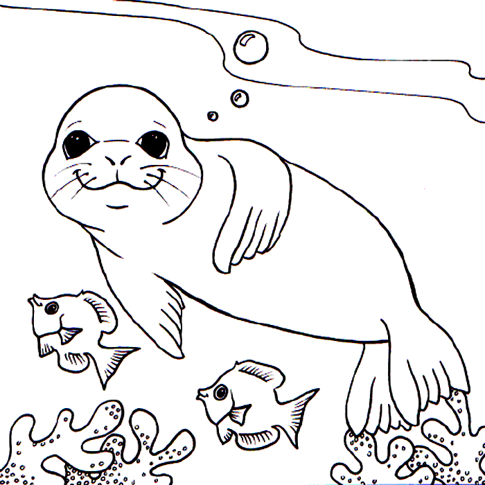 Plansa de colorat cu o foca si doi pesti