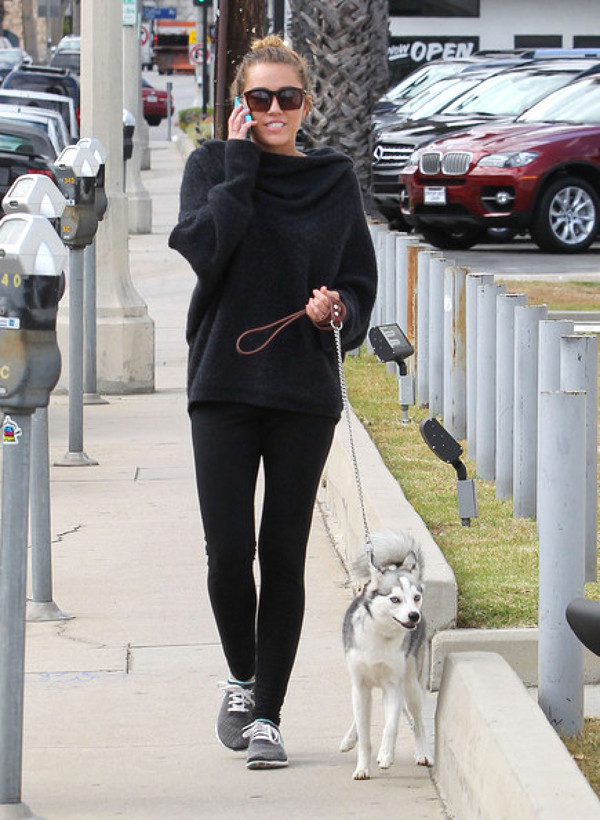 Miley Cyrus la plimbare cu catelul